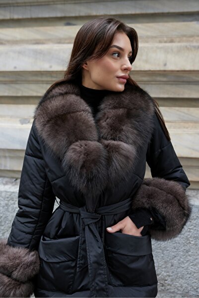 Levin Peak Fior Pelliccia Premium Kürklü Yaka Mont Siyah