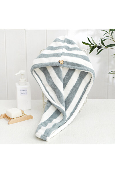 Choice Gray Dry Hair Towel Microfiber Coral Velvet Striped Pattern Hair Cap f...