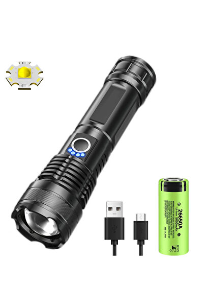 Heinast مصباح يدوي ZOOM P50LED ببطارية 26650، أقوى مصباح يدوي LED XHP50، قابل لإعادة الشحن عبر منفذ USB ببطارية 18650.