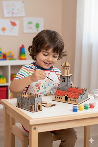 Giftölye Ahşap Maket Kız Kulesi Boyama Seti + 6 Renk Akrilik Boya Ve Fırça - ...