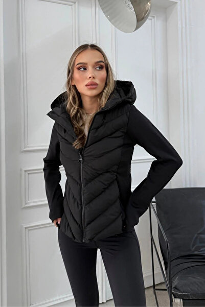 ModaLavida Dalgıç Kol Detay Rüzgar Geçirmez Şişme Kapüşonlu ZR Kadın Mont