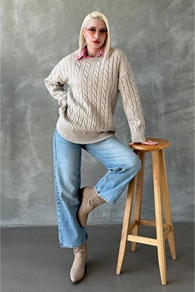 Madmext Bej Bisiklet Yaka Örgülü Triko Kazak Mg2336