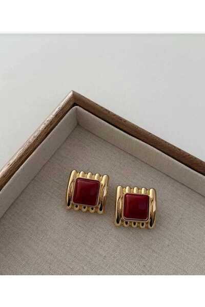 Bubbleatelier Bordo taş detaylı vintage gold küpe