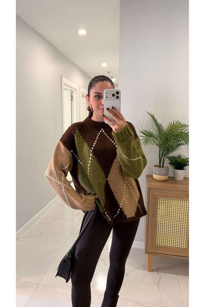 BİRCANÇİL Seronya Brown Khaki Tricotaj cu model Baklava
