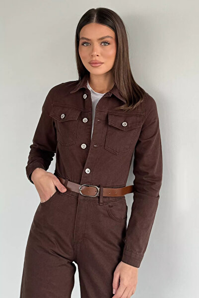 ZehraGül Kahve Kadın Uzun Kol Jean Kot Tulum