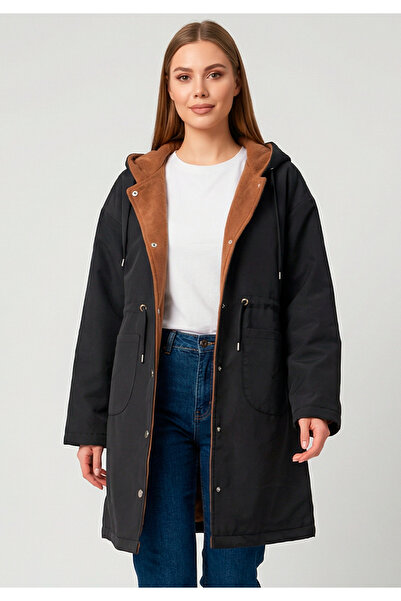 Little Visqon Kadın Siyah Su Geçirmez Mikro Kumaş İçi Kaşe Astarlı Çıtçıtlı Kapüşonlu Kaban