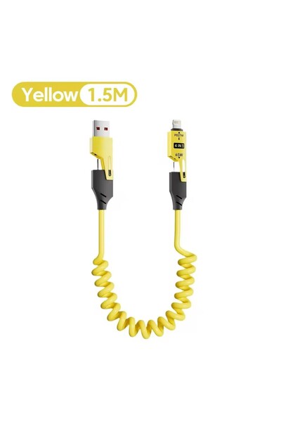 Choice كابل بيانات قصير زنبركي 4 في 1 بطول 1.5 متر، أصفر اللون، بقدرة 65 واط، مزود بمنفذ USB من النوع C، قابل للتمديد، وشاحن سريع التلسكوبي لأجهزة آيفون.