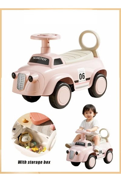 Generic سيارة أطفال كهربائية بمقبض دفع وإضاءة موسيقية ومساحة تخزين للأطفال الصغار من عمر سنة إلى 3 سنوات