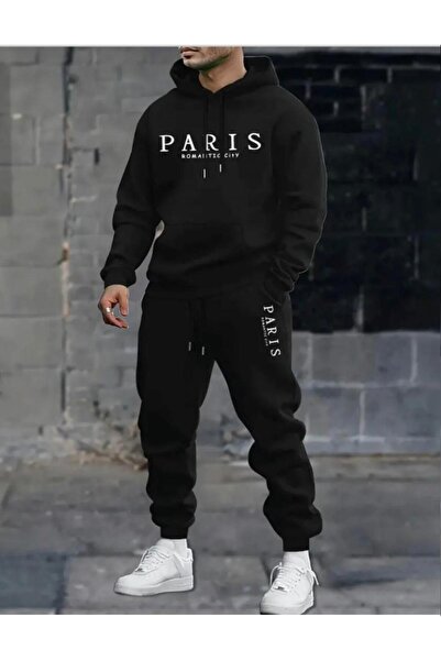 NO 601 Men's Black Paris Detailed Hooded Black Tracksuit Bottom Set