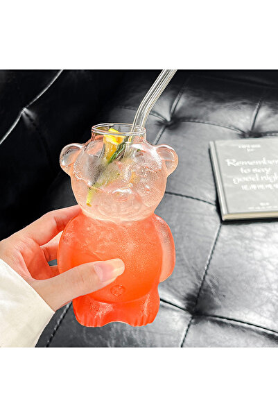 Choice 301-400ml Bear Mug with Straw 320ML Cute Bear Shaped Coffee Mug Cartoon Bear GlassCup With Straw Tra