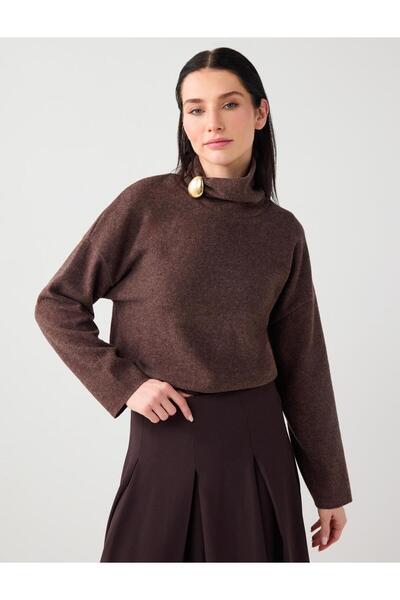 Jimmy Key Mink Soft Textured Knitted Sweater with Mock Neck Accessory Details