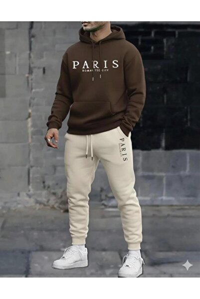 NO 601 Men's Brown Paris Detailed Hooded Beige Tracksuit Bottom Set