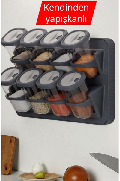 Online Home Market طقم توابل مكون من 8 قطع مع غطاء وحامل، تصميم قابل للتثبيت على الحائط باللون الرمادي