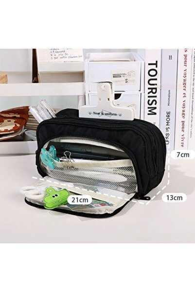 Choice Black Three Layer Windowed Pencil Case with Multiple Compartments Larg...