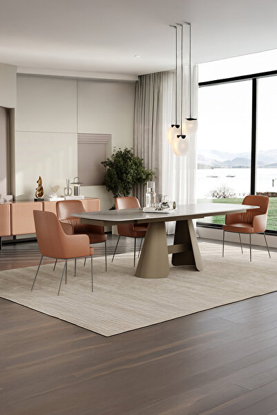 Enza Home Salda Metal Ayaklı, Seramik Yüzeyli Yemek Masası - Koyu Gri, 160 cm