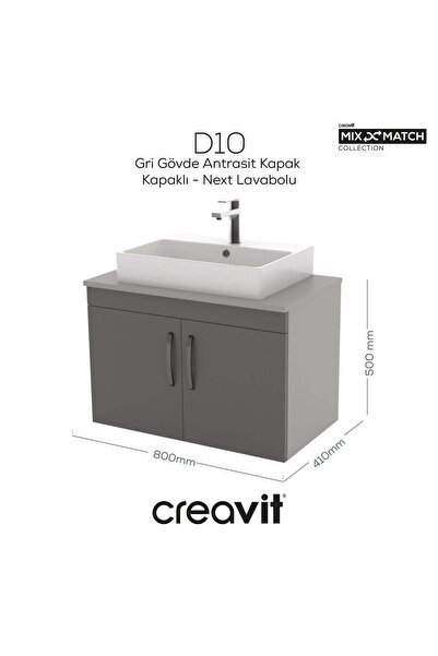 Creavit D10 Next Lavabo Dolabı Kapaklı 80 cm Gri Gövde Antrasit Kapak