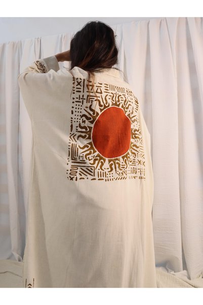 Su Koleksiyon MONK BOHEMIAN STYLE WOOD PRINTED LINEN KIMONO