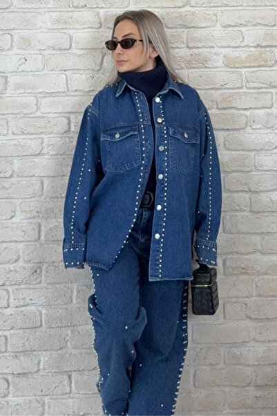 Muna Boutique Navy Blue Denim Beaded Buttoned Women's Top and Bottom Set