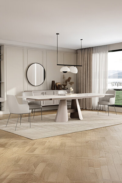 Enza Home Salda Metal Ayaklı, Mermer Yüzeyli Yemek Masası - Beyaz, 200 cm