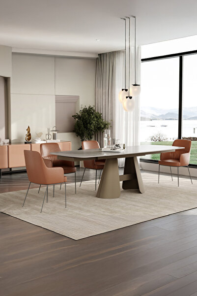 Enza Home Salda Metal Ayaklı, Mermer Yüzeyli Yemek Masası - İtalyan Gri, 160 cm