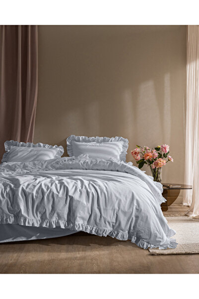 Madame Coco Obernai Single 100% Cotton Frilly Plain Washed Duvet Cover Set - Blue