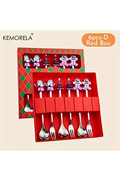 Choice 6pcs-D-Red Box KEMORELA 2/4/6PCS Christmas Stainless Steel Spoon Christmas Deer Tableware Coffee Spo