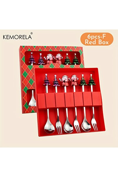 Choice 6pcs-F-Red Box KEMORELA 2/4/6PCS Christmas Stainless Steel Spoon Christmas Deer Tableware Coffee Spo