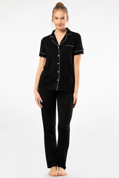 TÜREN Solid Short Sleeve Shirt Collar Pajamas Suit 3368/Black