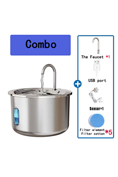 Choice 2L 1SET-5Filter-Senson Stainless Steel Pet Water Dispenser With Window 2L Silent Automatic Cat And D