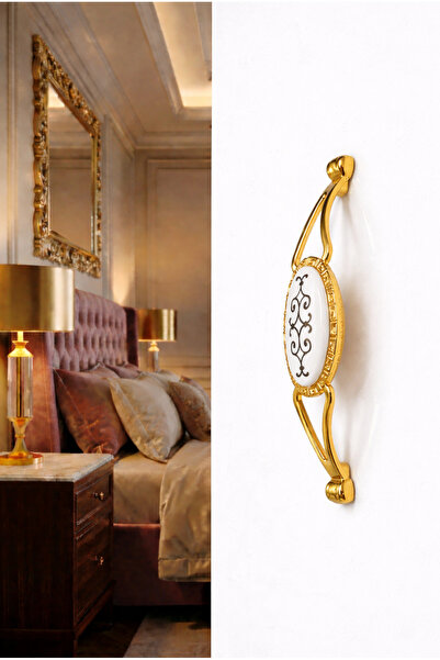 BERFİNO 5'li Altın, Porselen Detaylı Kulp | 128 mm Aks Aralığı | Klasik & Ava...