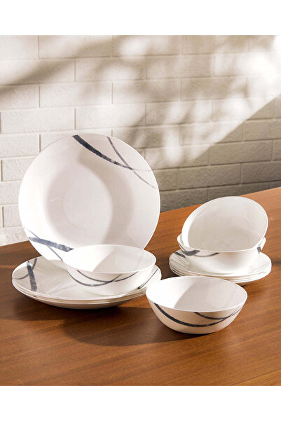 REDTAG طقم عشاء أبيض بلمسة فرشاة زرقاء (12 قطعة)