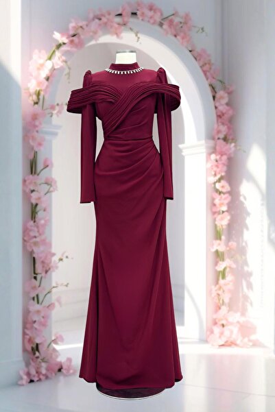 Amine Hüma Dila Abiye Elbise Bordo