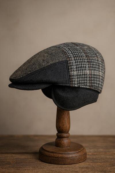 Külah Patchwork Kışlık Yün İngiliz Kasket - Katlanır Sherpa Kulaklı Şapka