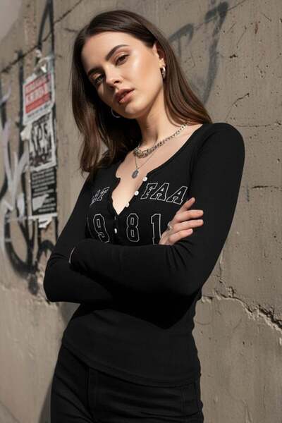 BALİNA Vintage Siyah Waat Faak Rock More Uzun Kollu Crop