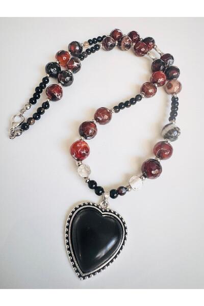 DEVİ fashion Agate Natural Stone Design Heart Necklace 50 cm