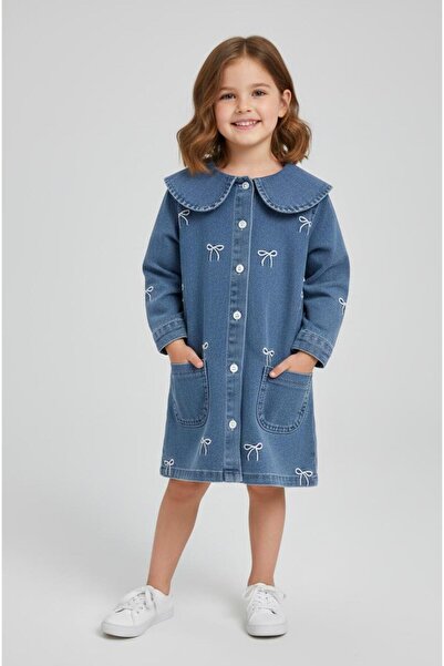 BOBBY JR KİDSWEAR Denim Children's Dress with Bow Embroidery