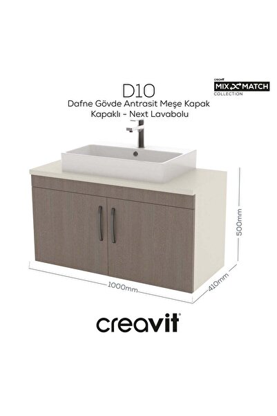 Creavit D10 Next Lavabo Dolabı Kapaklı 100 cm Dafne Melamin Gövde Antrasit Me...