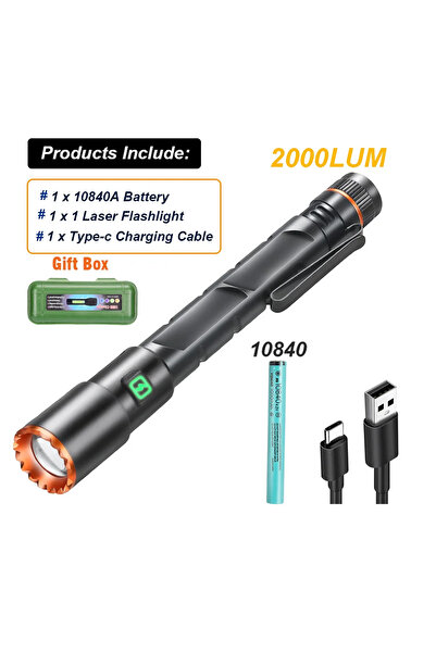 Heinast مصباح يدوي صغير قوي من زووم بلاك بوكس بقوة 2000 لومن، قابل للشحن عبر منفذ USB، مزود بمشبك وجيب مغناطيسي.