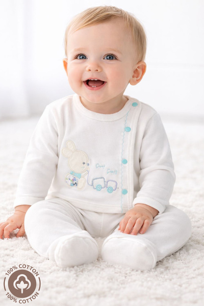 Miniel طقم أطفال يونيسكس من القطن العضوي بأكمام طويلة مطرزة بتصميم أرنب تشوف تشوف للأطفال من عمر 0-6 أشهر