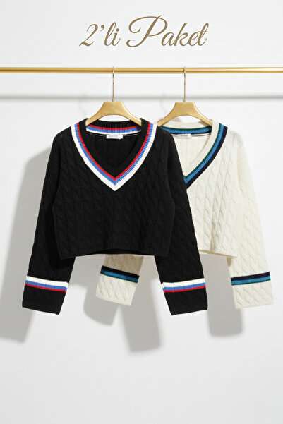 ABAY GİYİM Women's V-Neck Hair Knit Crop Sweater 2-Piece Advantage Pack