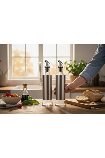 CK House 2-Piece Leak-Proof Glass Oil Bottle with Metal Body and Lid, Sauce Bottle, Oil Pot, 500ml