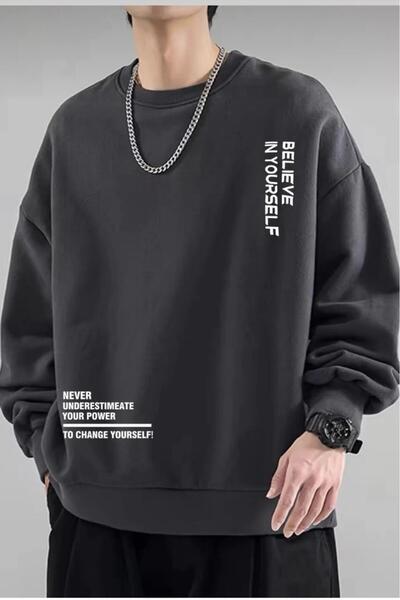 NO 601 Men's Smoked Believe İn Yourself B Printed Hoodless Crew Neck Sweatshirt