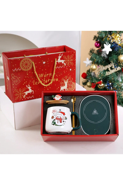 Choice Thermal Pad Set-C 301-400ml Christmas Gifts Kit Wooden Lid 55℃ Merry Santa Claus Pattern Ceramic Mug