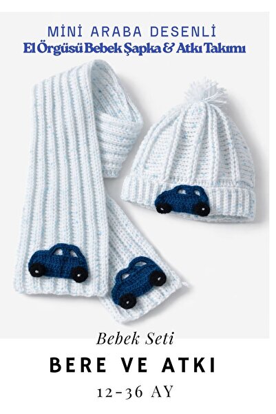 Dnz Mini Araba Desenli El Örgüsü Bebek Şapka & Atkı Takımı
