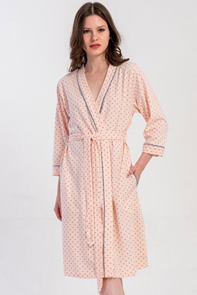 VİENETTA Women's Baby Pink Capri Sleeve Polka Dot 100% Cotton Belted Dressing Gown C4T1N3305
