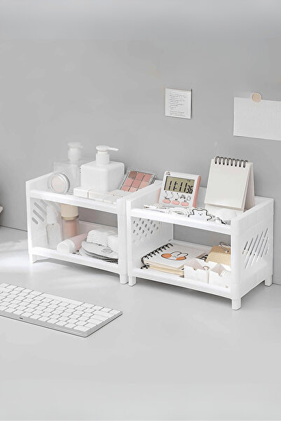 Mithra Life 2 Adet 2 Katlı Beyaz Plastik Çok Amaçlı Makyaj Banyo Ofis Raf Org...