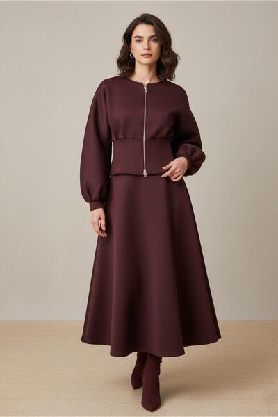 Soul Women's Zipper Detailed Corset Form Jacket Skirt Set-32460Tks - Burgundy