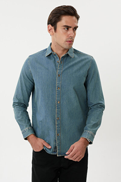 Twister Jeans EG 1850 Middle Blue Cepsiz Kalın Kumaş Erkek Kot Gömlek