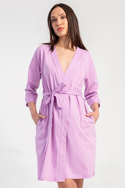 VİENETTA Women's Lilac Capri Sleeve 100% Cotton Belted Dressing Gown C6T2N3305