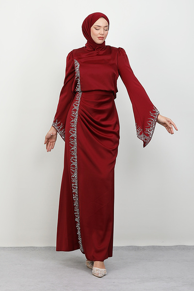 Lamia Giyim Mihrimah Saten Abiye Bordo
